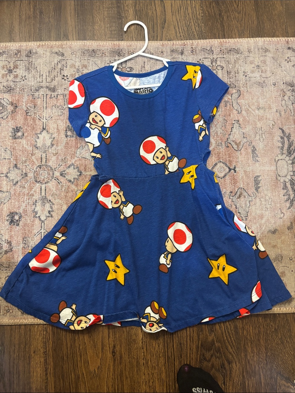 Blue Kids Dress with Red Mushroom & Yellow Star Print